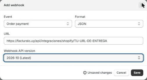 Crear el webhook de pago de pedido en Shopify
