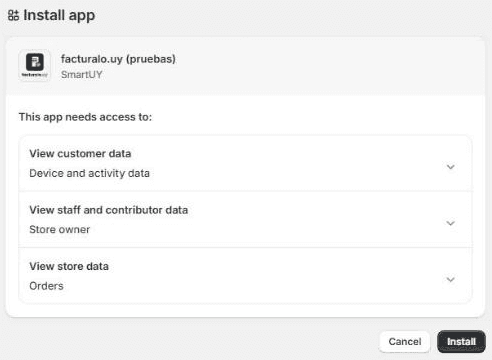 Permiso que pide la app de facturalo.uy en Shopify