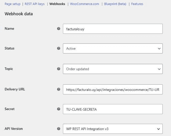 Webhook de WooCommerce configurado para facturalo.uy